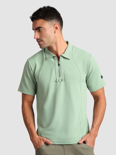 Sage Green Sporty Zipper Polo T-Shirt