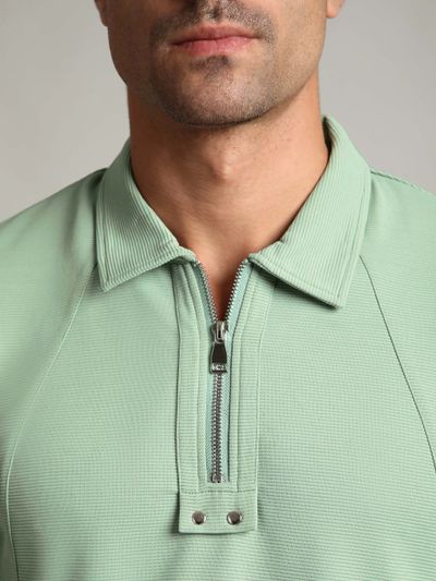Sage Green Sporty Zipper Polo T-Shirt