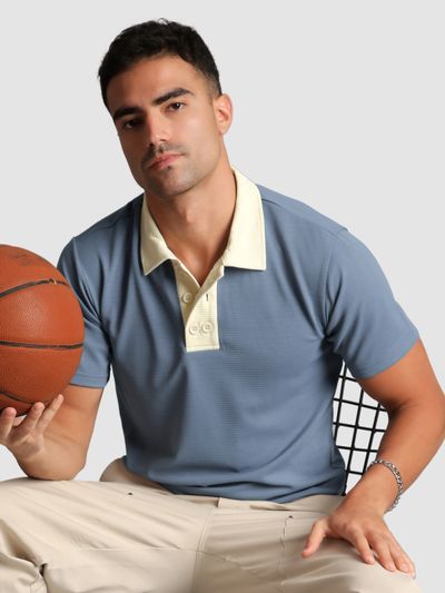 Stone Blue Sporty Double Buttoned Polo
                      T-Shirt