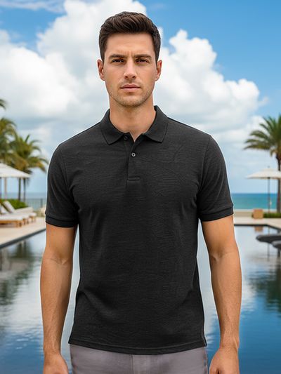 Black Brush Stroke Jacquard Textured Polo T-Shirt Black Brush Stroke Jacquard Textured Polo T-Shirt