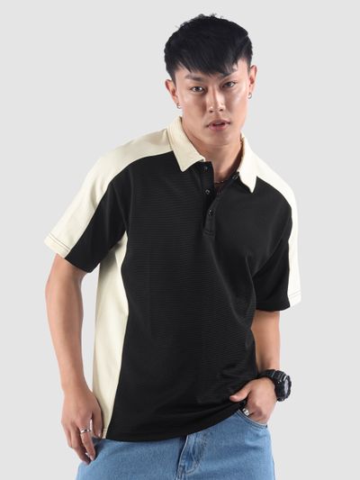 Black Textured Color Block Polo T-Shirt Black Textured Color Block Polo T-Shirt