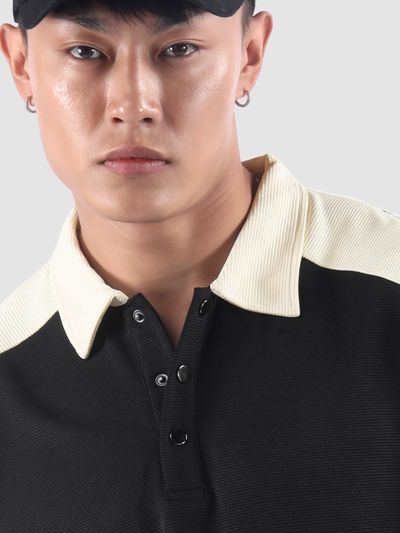 Black Textured Color Block Polo T-Shirt Black Textured Color Block Polo T-Shirt