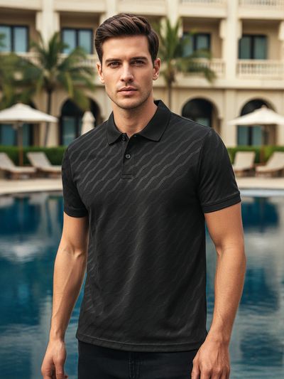 Black Wave Jacquard Textured Polo T-Shirt Black Wave Jacquard Textured Polo T-Shirt