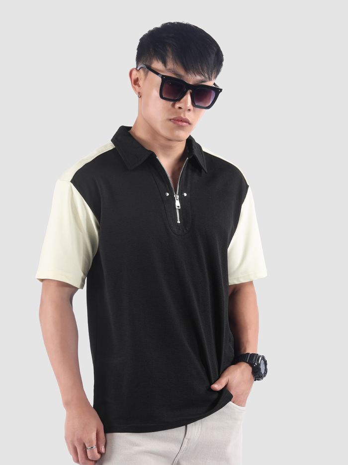 Black Zipper Color Block Polo T-Shirt