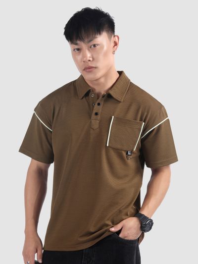 Brown Piping Textured Polo T-Shirt