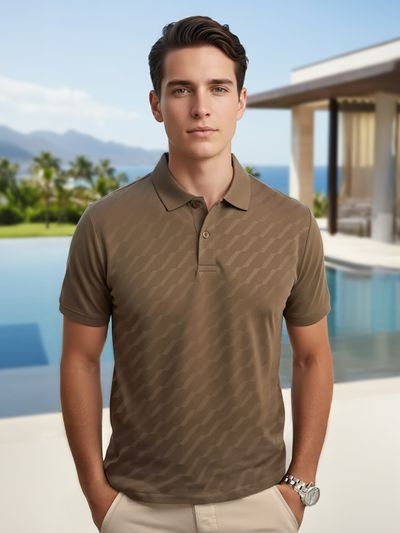 Brown Wave Jacquard Textured Polo T-Shirt Brown Wave Jacquard Textured Polo T-Shirt