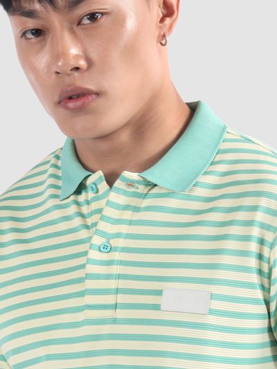 Mint Blue Solid Collar Stripe Polo T-Shirt