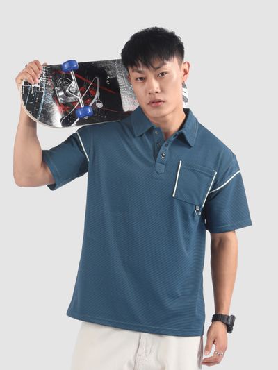 Navy Piping Textured Polo T-Shirt Navy Piping Textured Polo T-Shirt