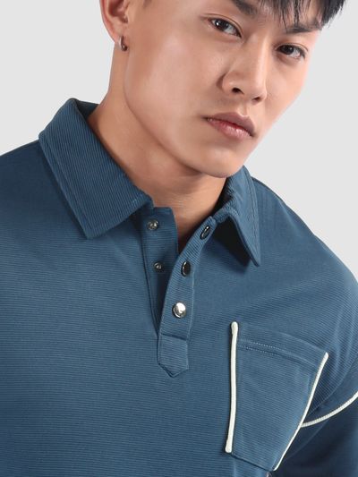 Navy Piping Textured Polo T-Shirt Navy Piping Textured Polo T-Shirt