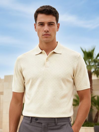 Off White Check Jacquard Textured Polo T-Shirt Off White Check Jacquard Textured Polo T-Shirt