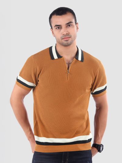 Cider Brown Contrast Striped Collar Flat Knit Polo
              T-Shirt