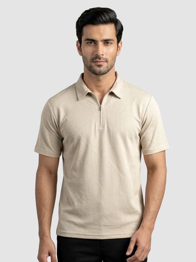 Beige Abstract Jacquard Textured Zipper Polo T-Shirt