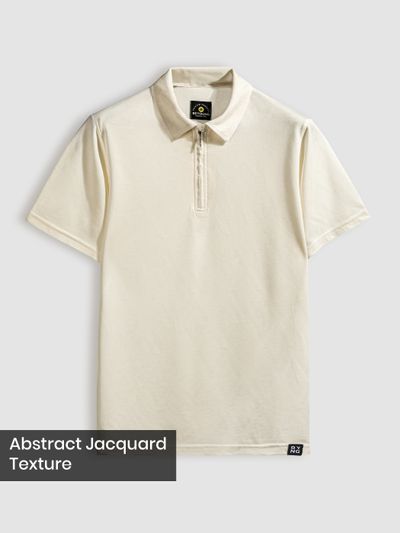 Beige Abstract Jacquard Textured Zipper Polo T-Shirt Beige Abstract Jacquard Textured Zipper Polo T-Shirt