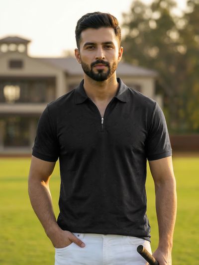 Black Geometric Jacquard Textured Zipper Polo T-Shirt