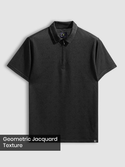 Black Geometric Jacquard Textured Zipper Polo T-Shirt Black Geometric Jacquard Textured Zipper Polo T-Shirt