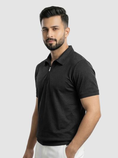 Black Geometric Jacquard Textured Zipper Polo T-Shirt