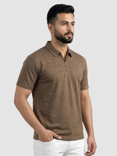 Brown Brush Stroke Jacquard Textured Zipper Polo T-Shirt