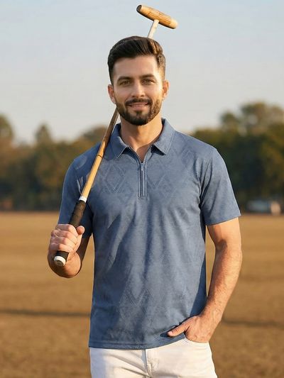 Grey Abstract Jacquard Textured Zipper Polo T-Shirt