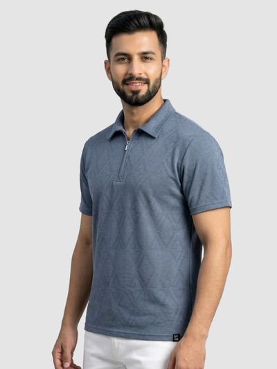 Grey Abstract Jacquard Textured Zipper Polo T-Shirt