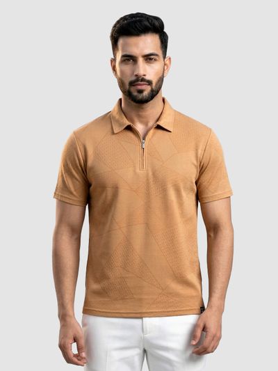 Maple Orange Abstract Jacquard Textured Zipper Polo T-Shirt