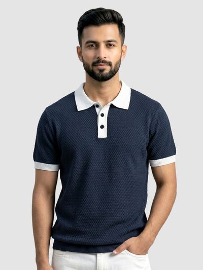 Navy blue contrast collar flat knit polo t-shirt for
              men with short sleeves, perfect for casual and smart wear,
              