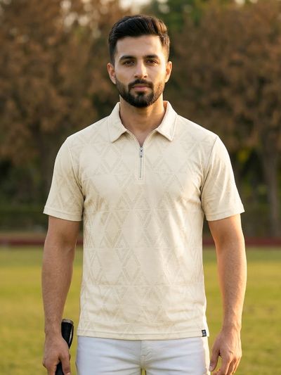 Off White Diamond Jacquard Textured Zipper Polo T-Shirt