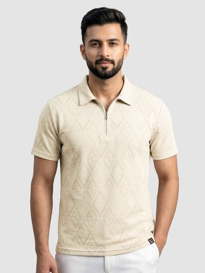 Off White Diamond Jacquard Textured Zipper Polo T-Shirt
