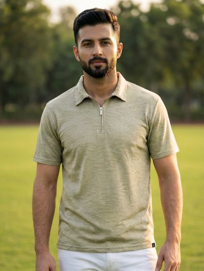 Sage Green Brush Stroke Jacquard Textured Zipper Polo T-Shirt