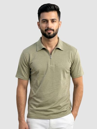 Sage Green Brush Stroke Jacquard Textured Zipper Polo T-Shirt