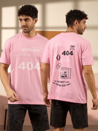 404 Printed Soft Pink Oversized T-shirt for Men