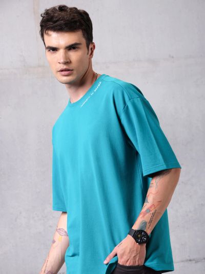 Aqua Blue Neck Embroidery Oversized T-shirt
                      for Men
