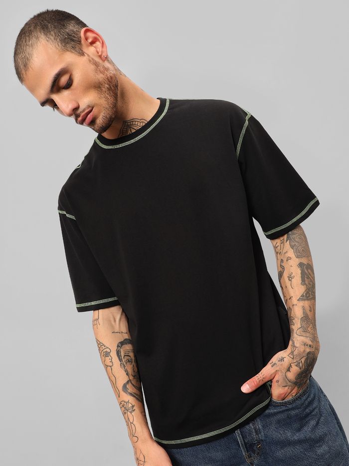 Buy Black Contrast Stitch Oversized T-shirt for Men Online in