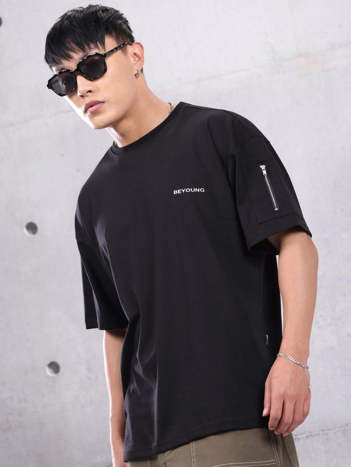 Buy Black Zip Sleeved Oversized T-shirt for Men Online in India