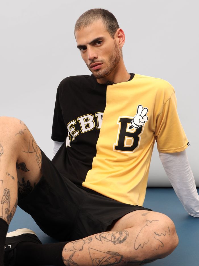 Buy Black-Yellow Color Block Oversized T-shirt for Men Online in