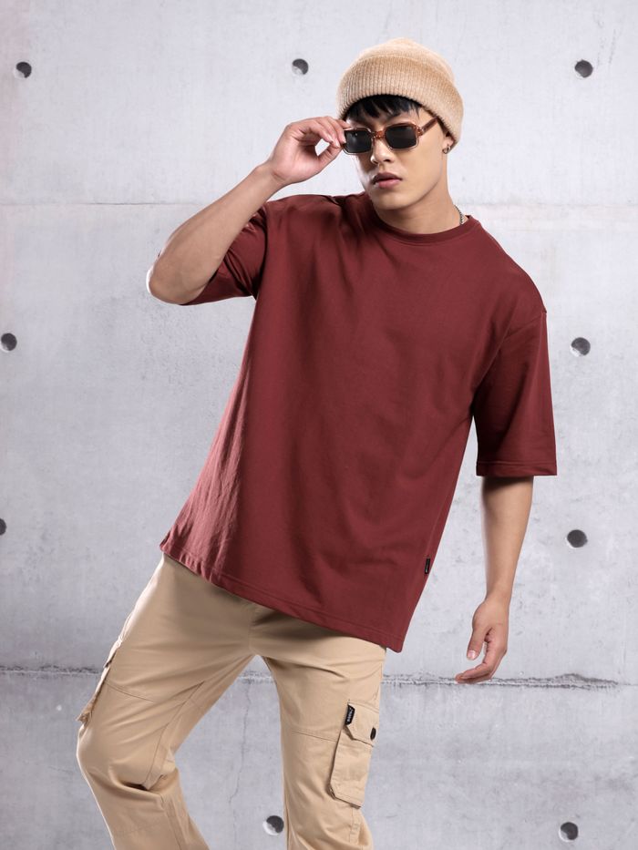 Brick Brown Plain Oversized T shirt for Men