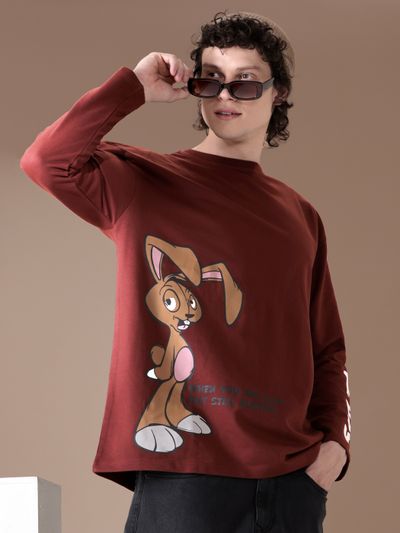 Brown Printed Full Sleeve Oversized T-shirt
                      for Men