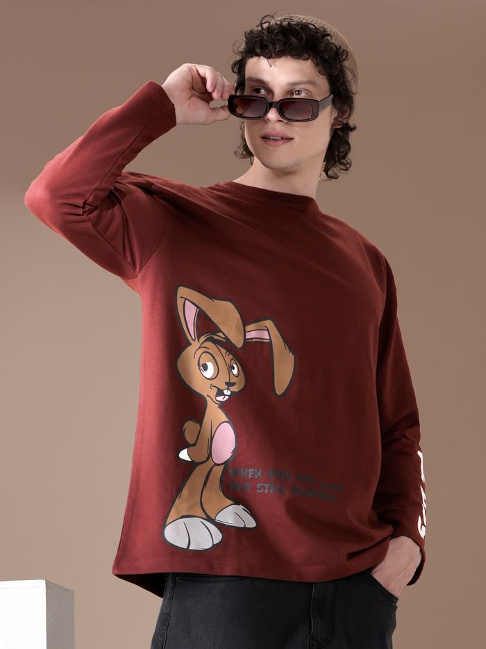 Brown Printed Full Sleeve Oversized T-shirt for Men