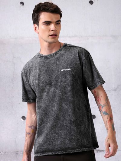 Coal Black Acid Wash Oversized T-Shirt for
                      Men
