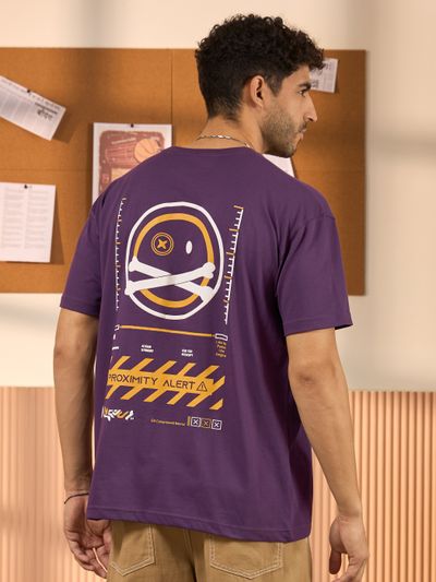 Proximity Alert Printed Violet Oversized
                      T-shirt for Men