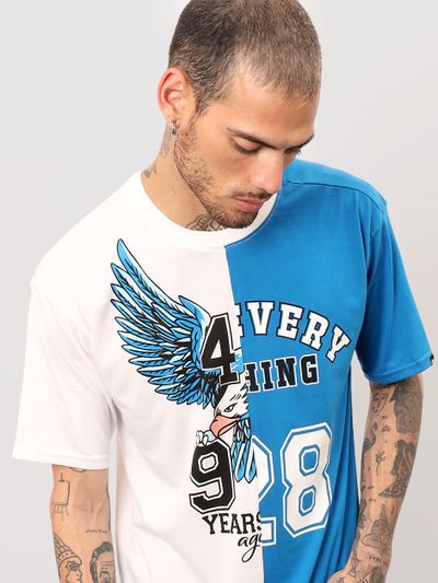White-Blue Color Block Oversized T-shirt for Men