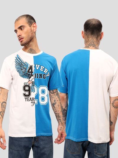 White-Blue Color Block Oversized T-shirt for Men