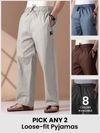 Mens pyjama pants - with fit available as loose-fit in different colors with text &quot;Pick any 2&quot; and &quot;6 colors available&quot; 