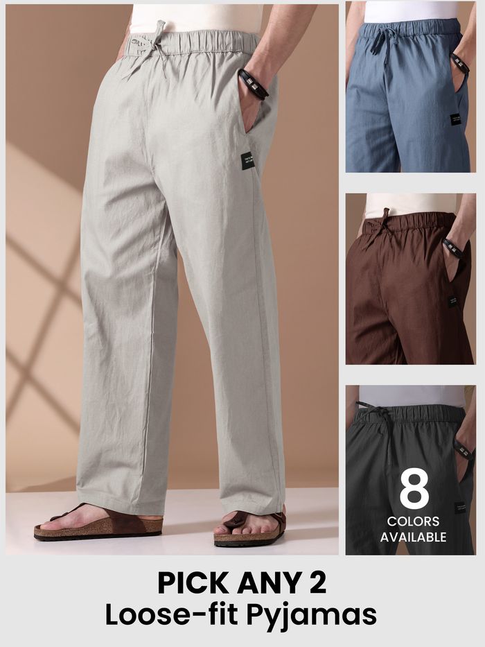 Mens pyjama pants - with fit available as loose-fit in different colors with text &quot;Pick any 2&quot; and &quot;6 colors available&quot; 