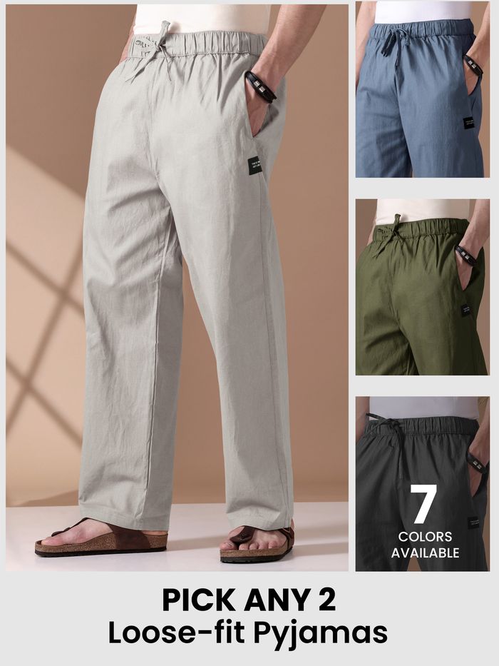 Mens pyjama pants - with fit available as loose-fit in different colors with text &quot;Pick any 2&quot; and &quot;6 colors available&quot; 