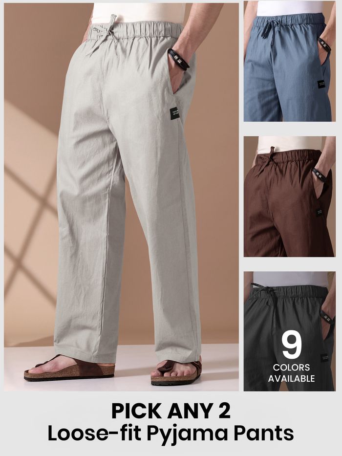 Mens pyjama pants - with fit available as loose-fit in different colors with text "Pick any 2" and "6 colors available" 