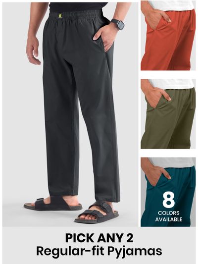 Mens pyjama pants - regular-fit with 'Pick Any 2' offer and '8 colors available' note.