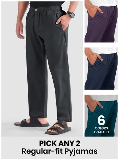 Mens pyjama pants - regular-fit with 'Pick Any 2' offer and '8 colors available' note.