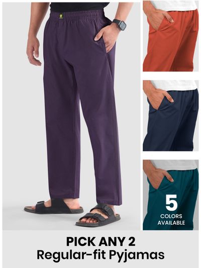 Mens pyjama pants - regular-fit with 'Pick Any 2' offer and '8 colors available' note.