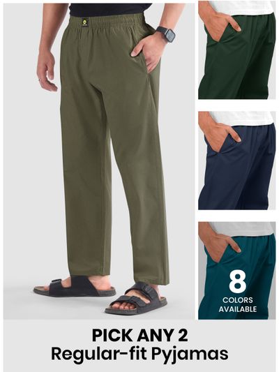 Pick Any 2 - Regular-fit Pyjama Combo Mens pyjama pants - regular-fit with 'Pick Any 2' offer and '8 colors available' note.