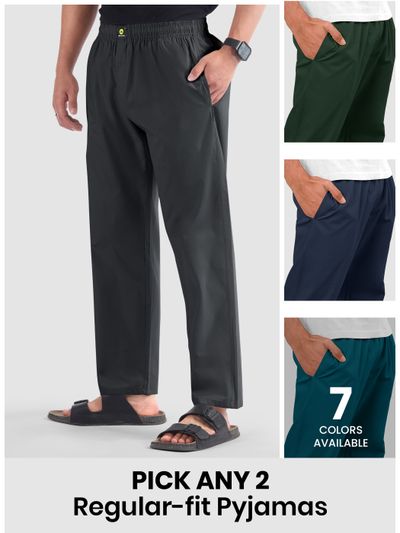 Mens pyjama pants - regular-fit with 'Pick Any 2' offer and '8 colors available' note.